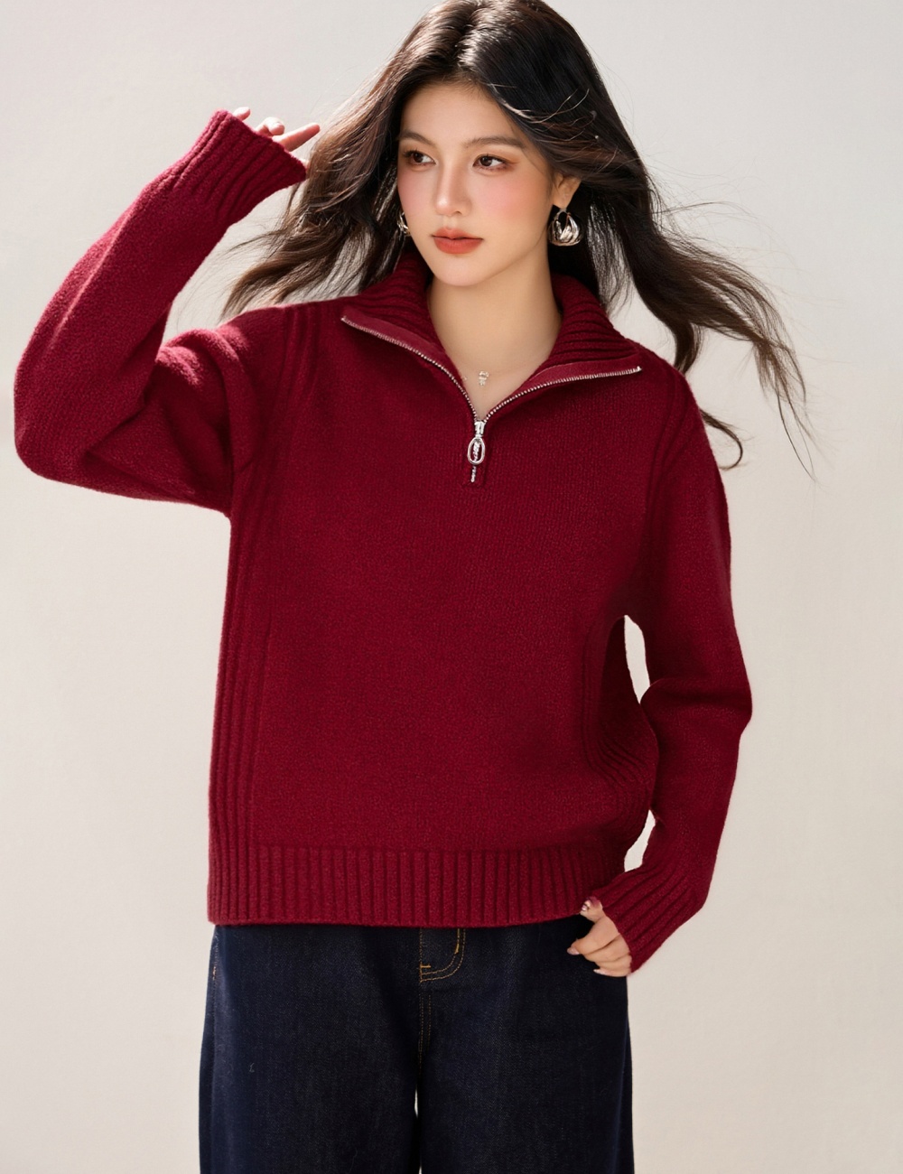 Half zip slim Korean style sweater lapel winter tops for women