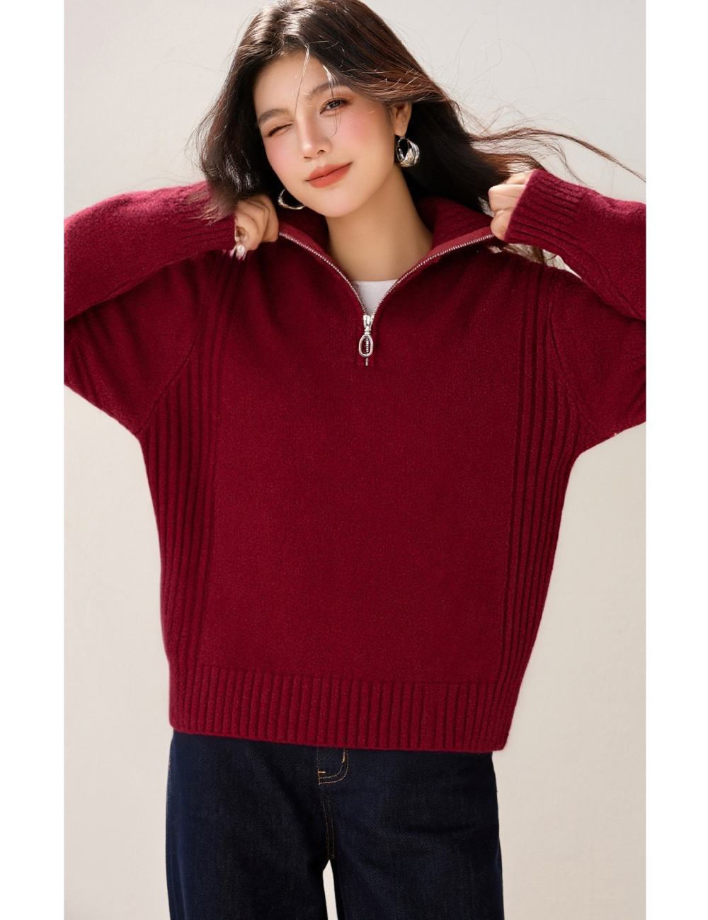 Half zip slim Korean style sweater lapel winter tops for women