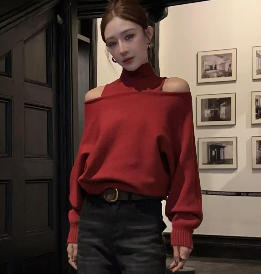 Autumn and winter sweater half high collar vest 2pcs set