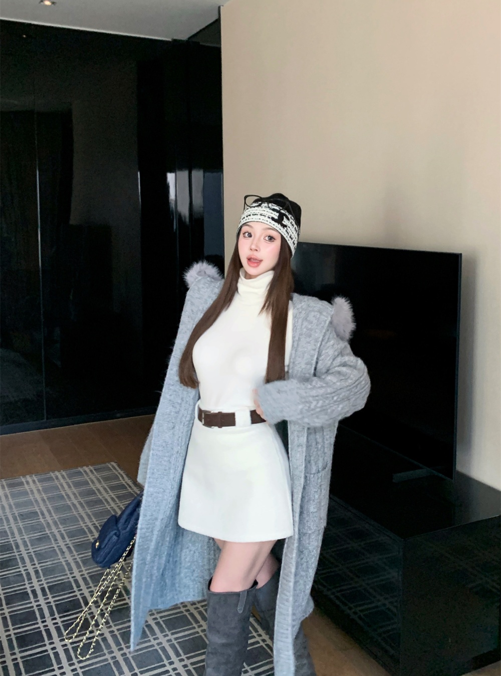 Exceed knee fur collar sweater hooded coat