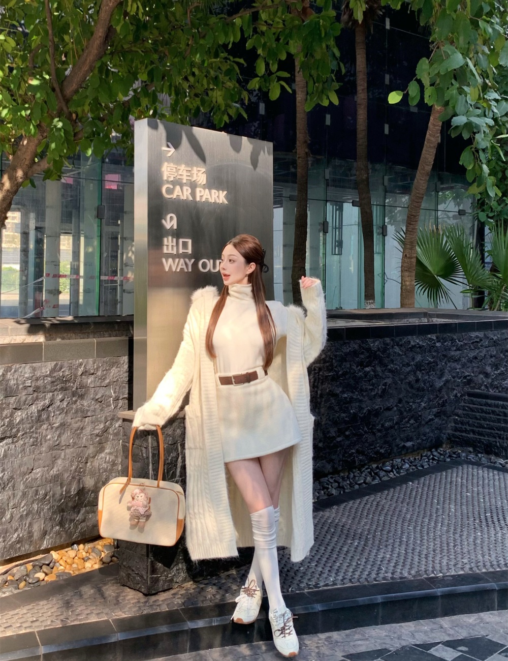 Exceed knee fur collar sweater hooded coat