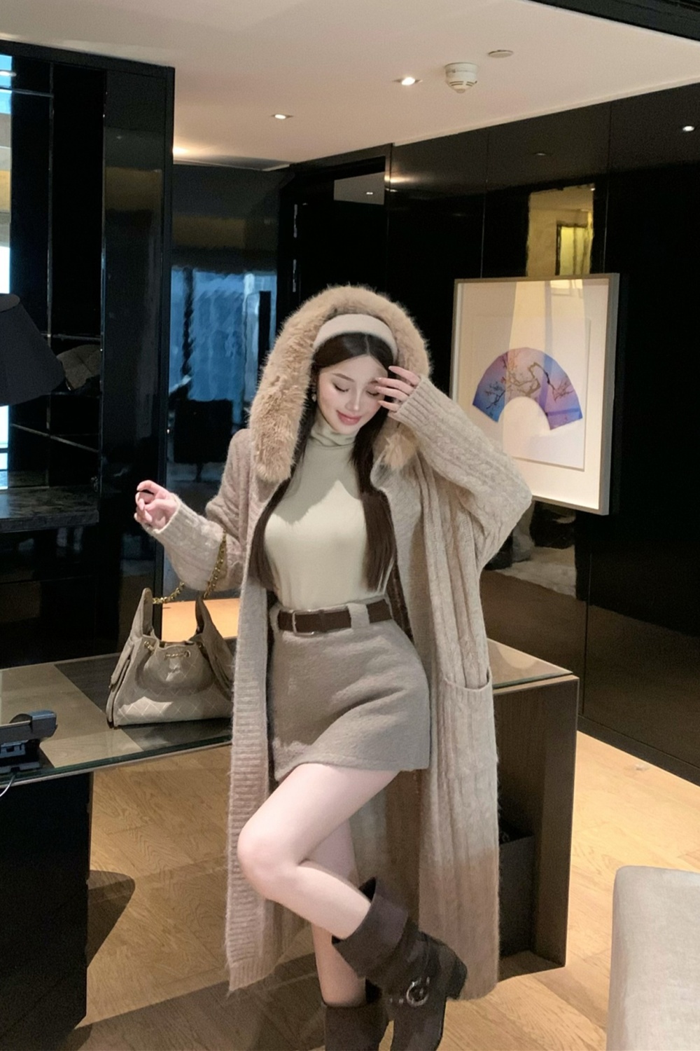 Exceed knee fur collar sweater hooded coat