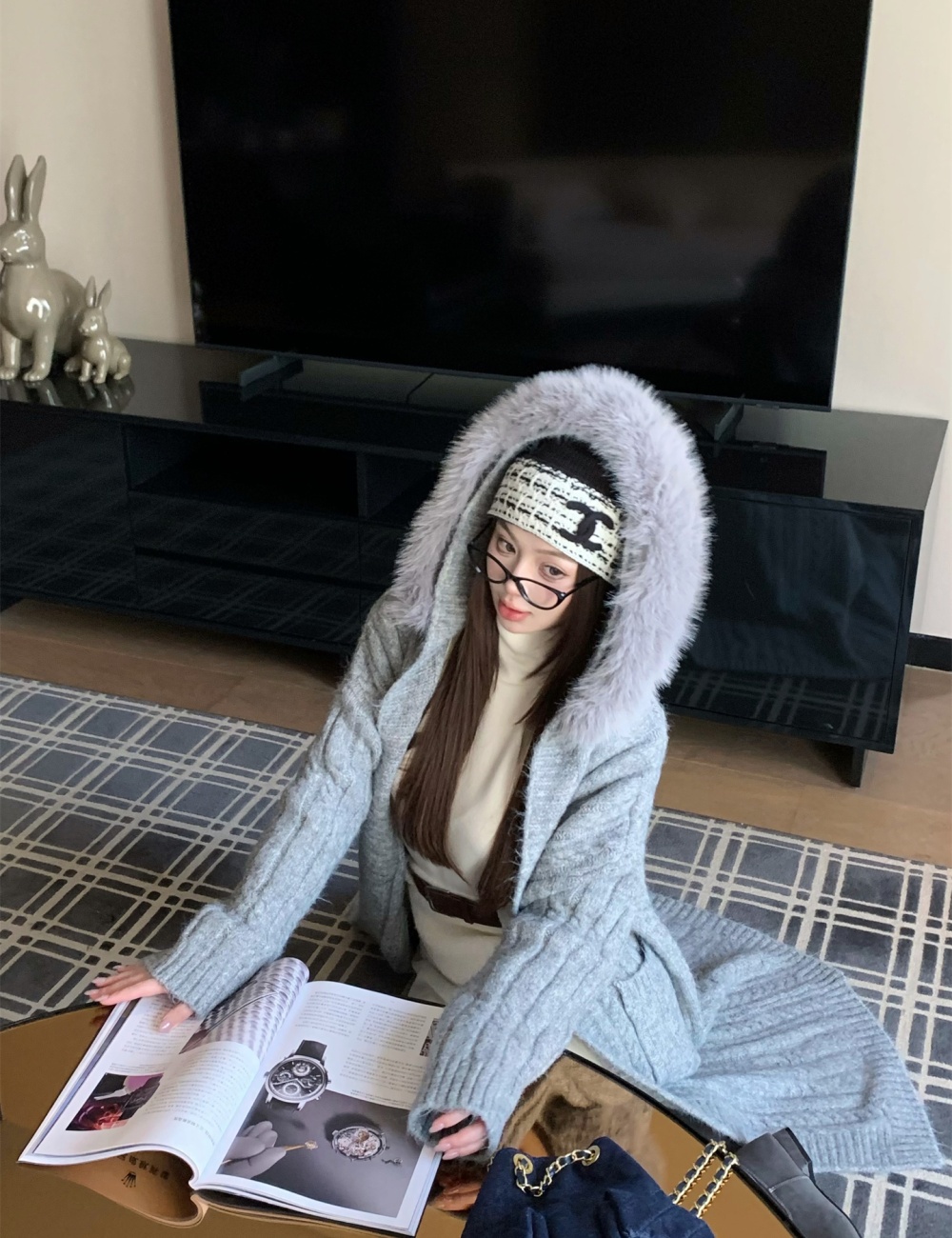 Exceed knee fur collar sweater hooded coat