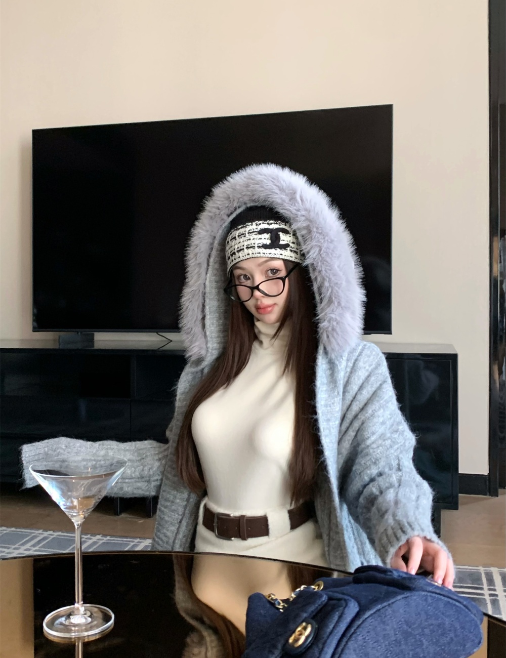 Exceed knee fur collar sweater hooded coat