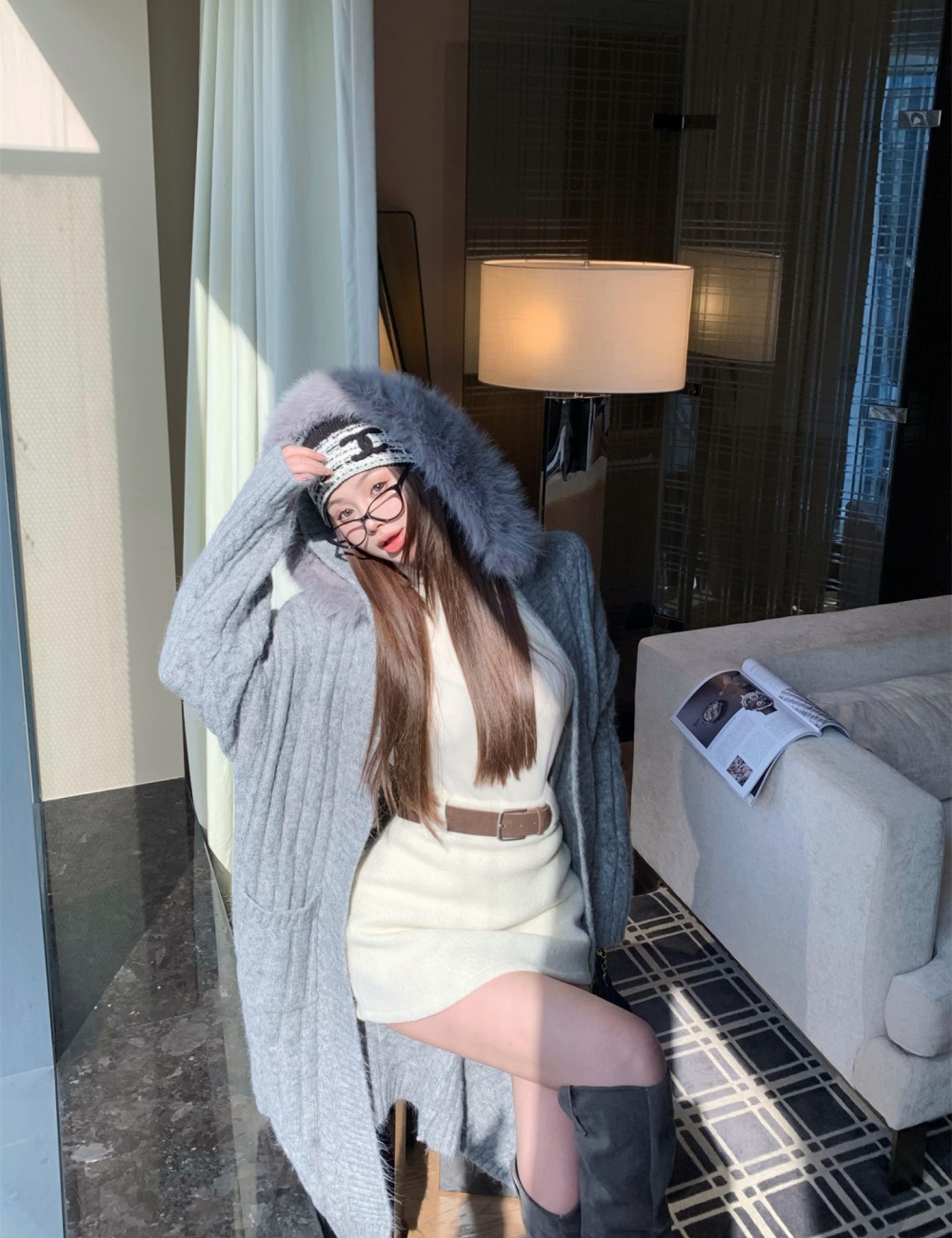 Exceed knee fur collar sweater hooded coat