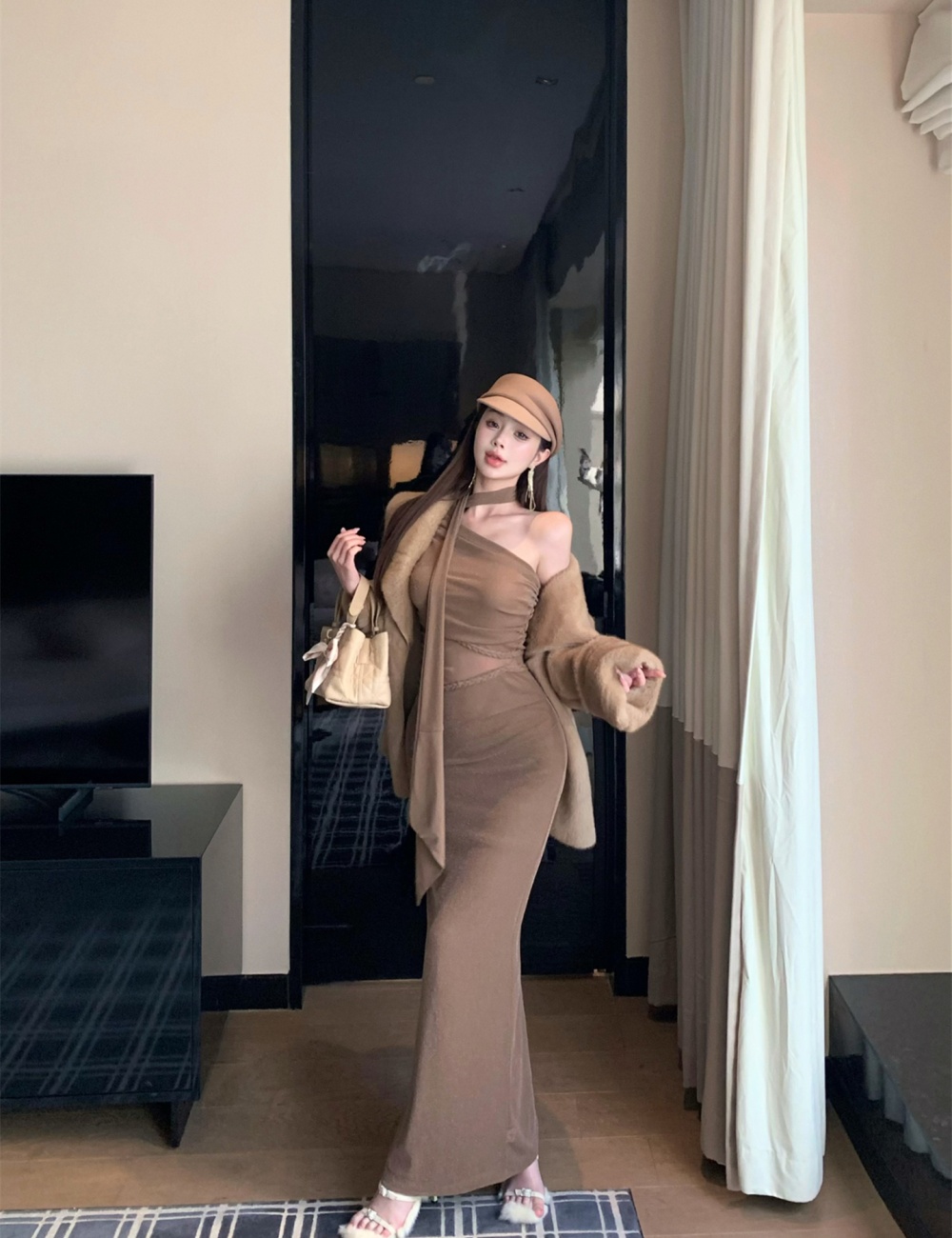 Hollow sloping shoulder dress twist long dress for women