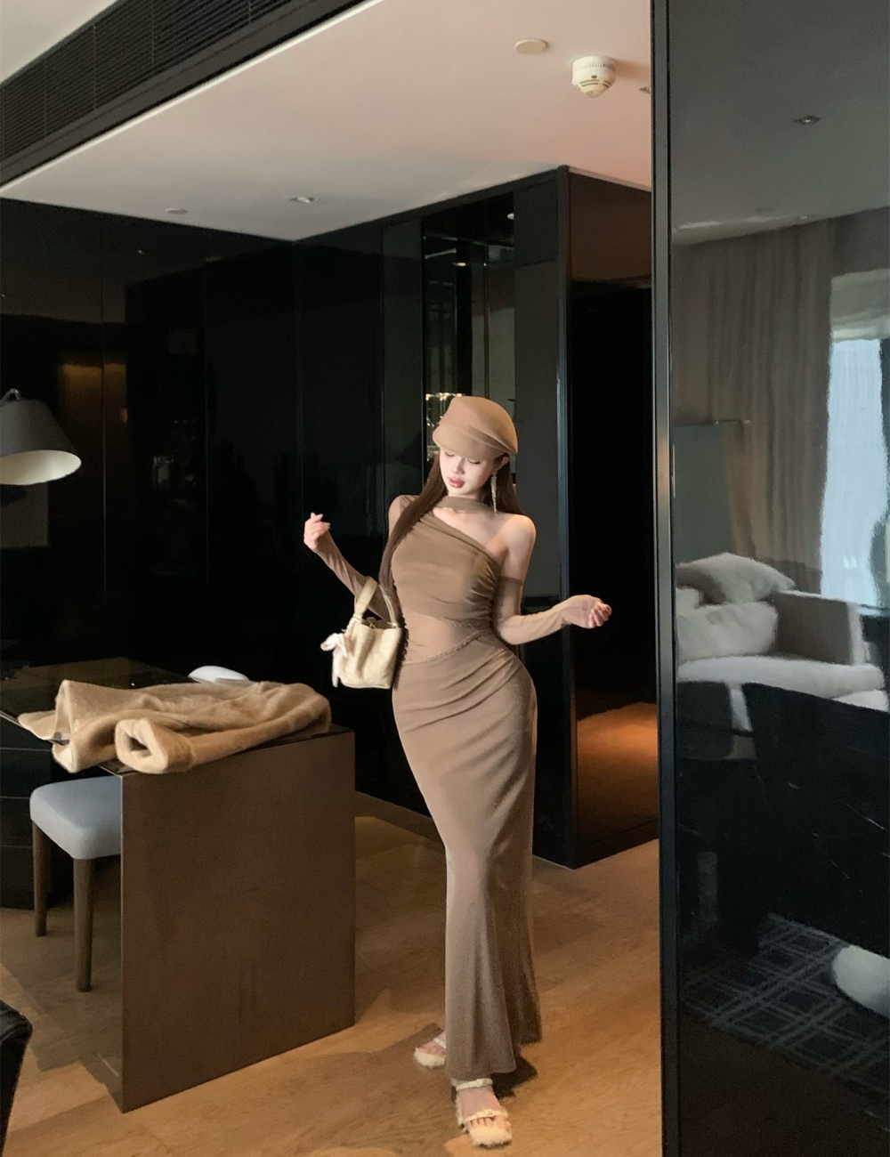 Hollow sloping shoulder dress twist long dress for women