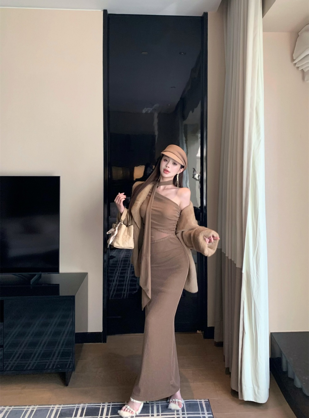 Hollow sloping shoulder dress twist long dress for women