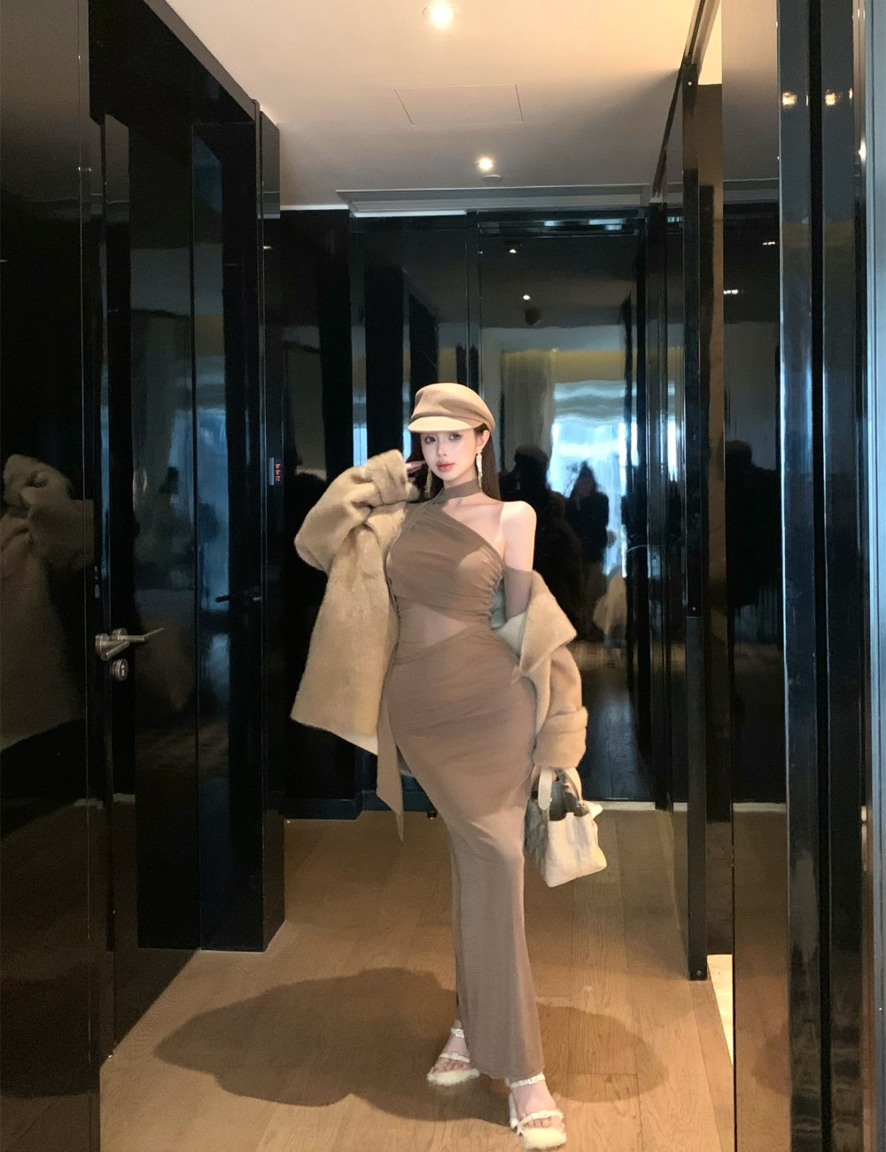 Hollow sloping shoulder dress twist long dress for women