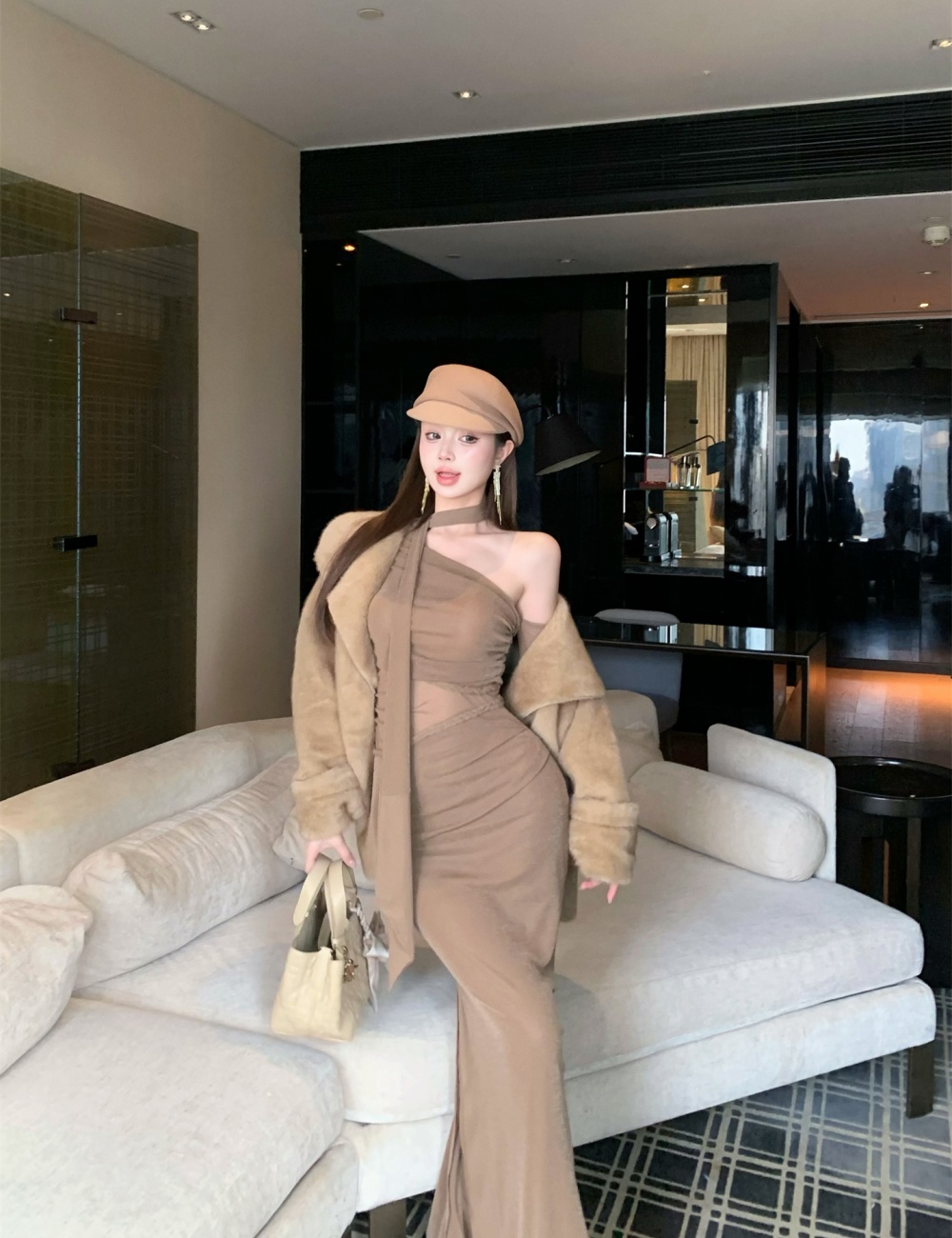 Hollow sloping shoulder dress twist long dress for women