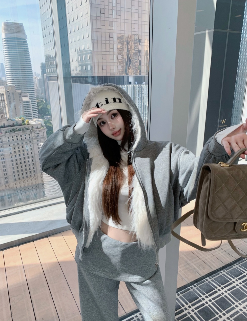 Plus velvet hooded large fur collar thick coat