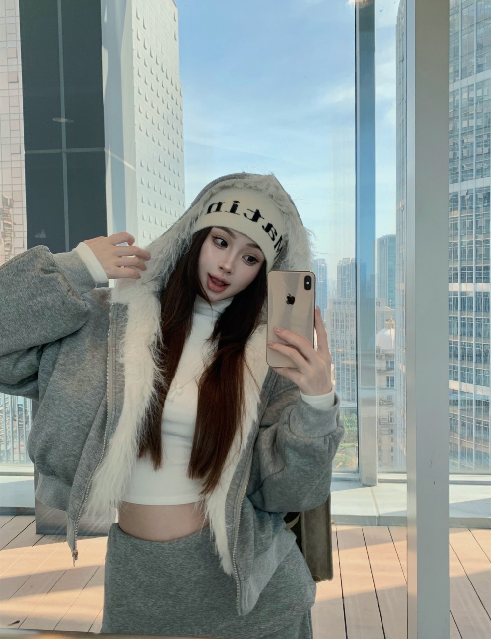 Plus velvet hooded large fur collar thick coat