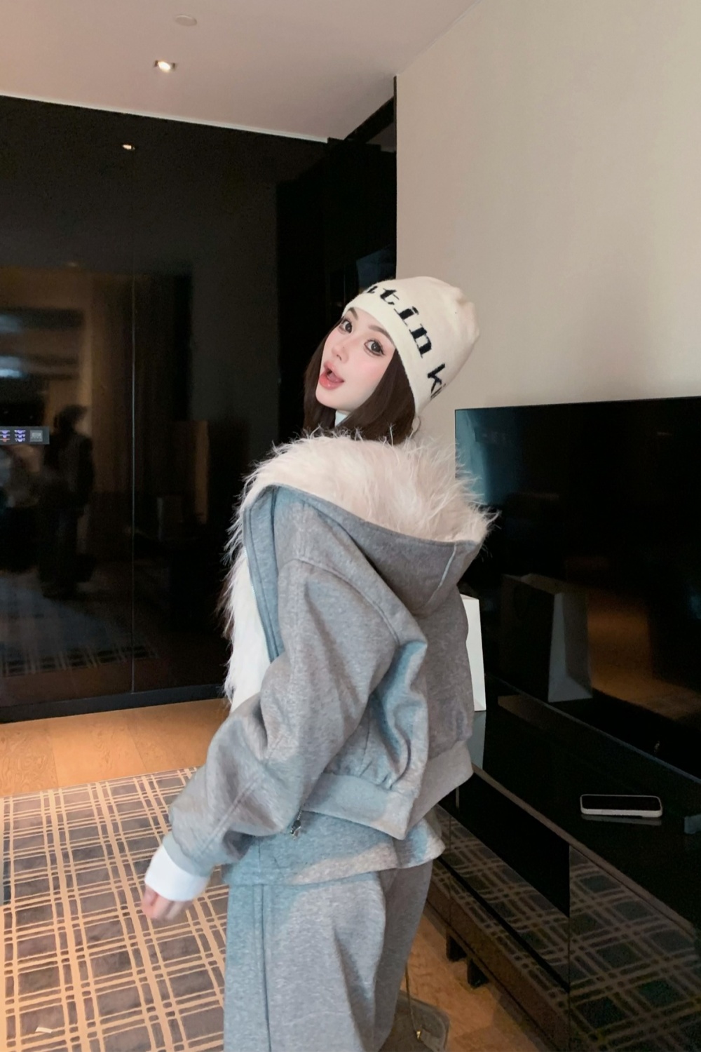 Plus velvet hooded large fur collar thick coat