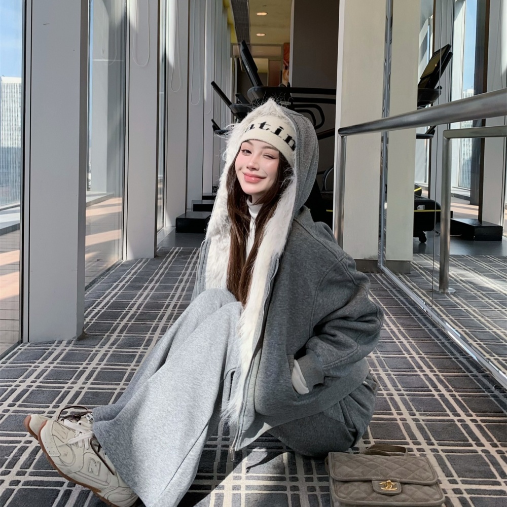 Plus velvet hooded large fur collar thick coat