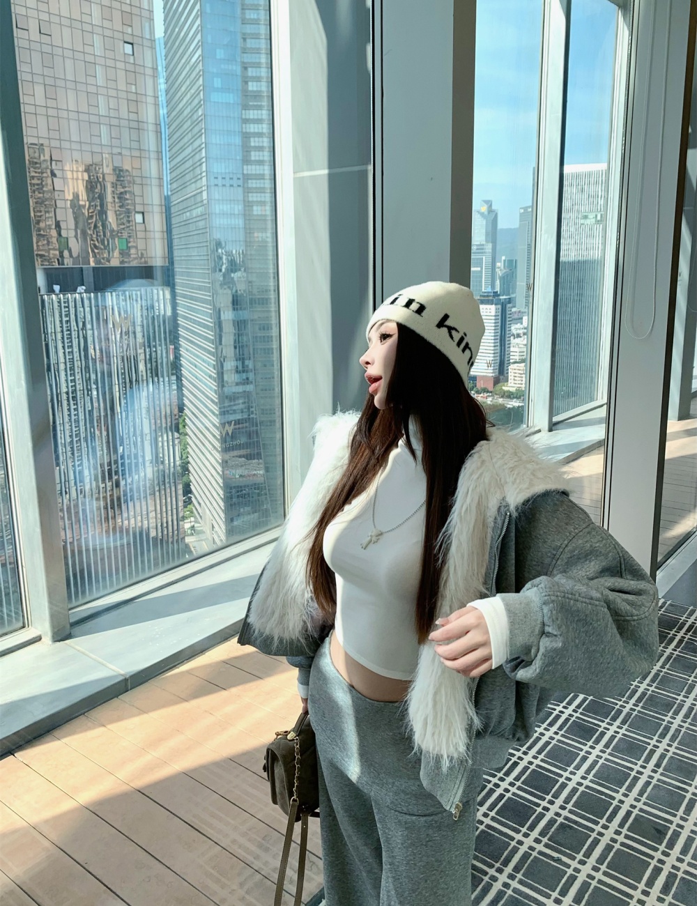 Plus velvet hooded large fur collar thick coat