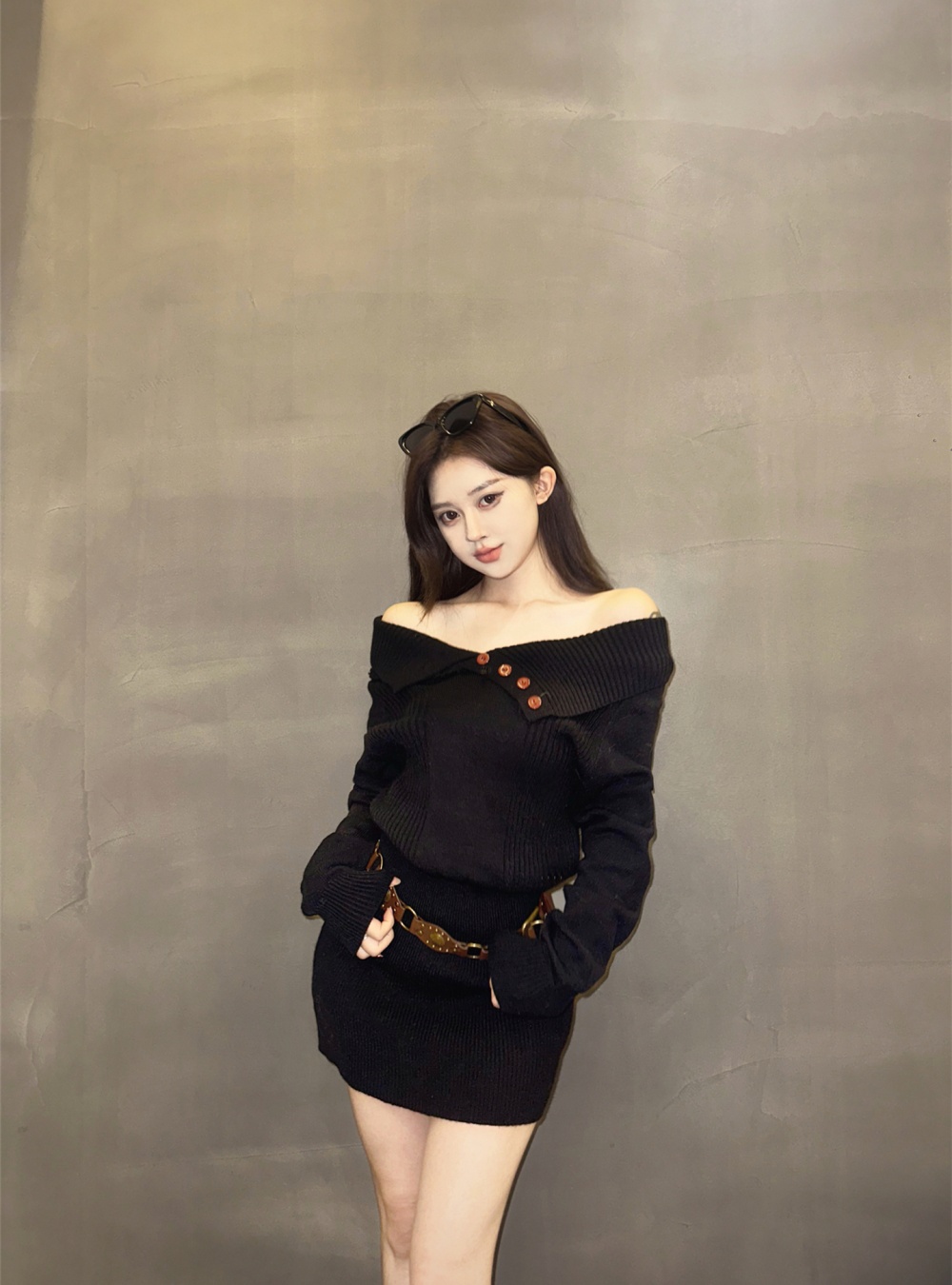 Large lapel lazy sweater package hip dress