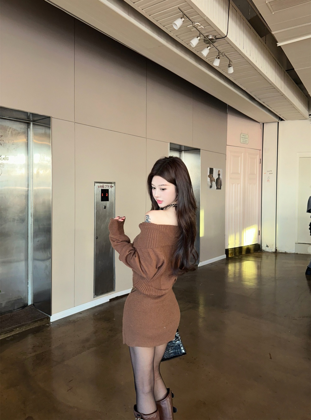 Large lapel lazy sweater package hip dress