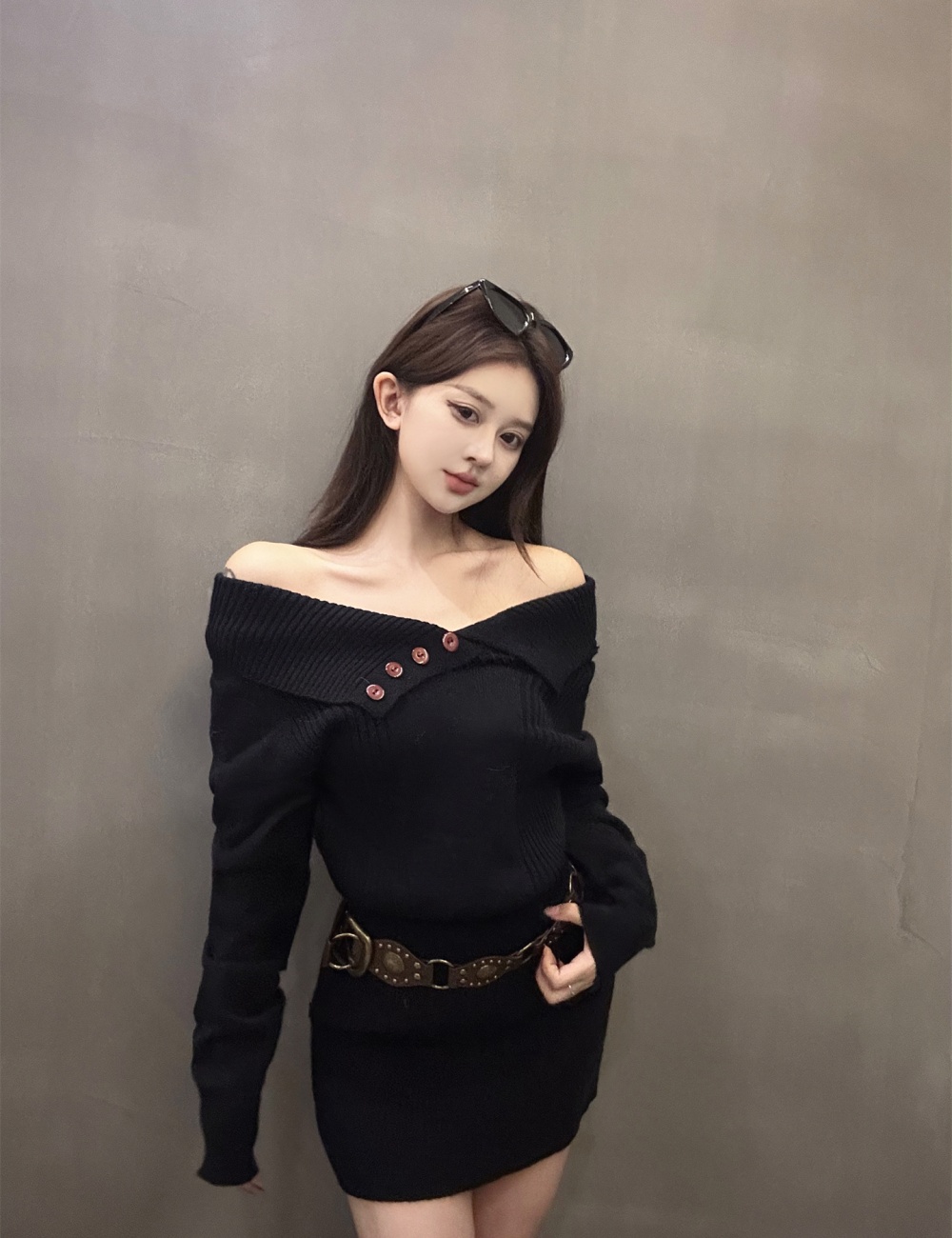 Large lapel lazy sweater package hip dress