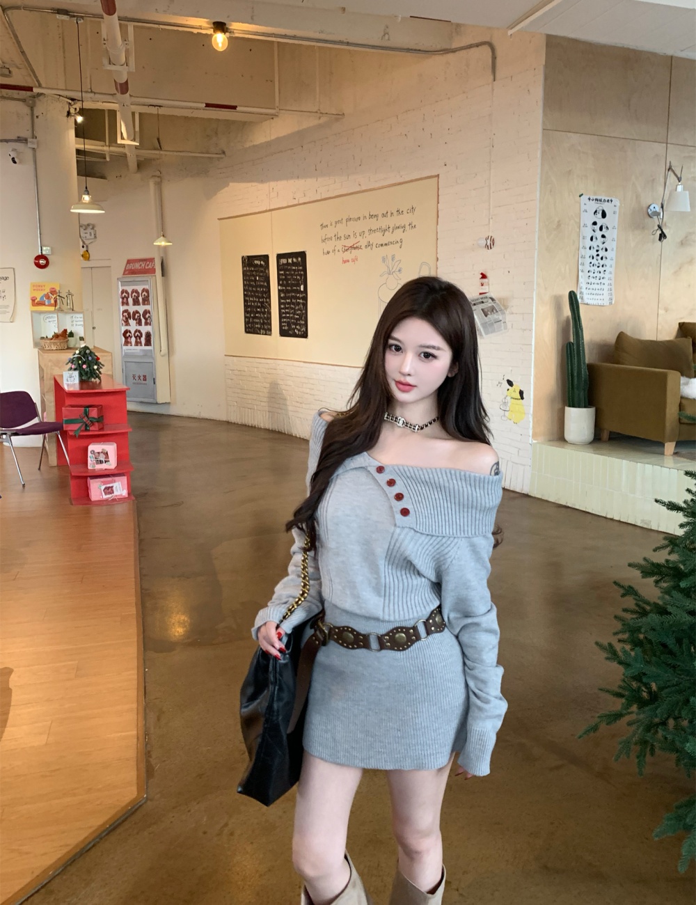 Large lapel lazy sweater package hip dress