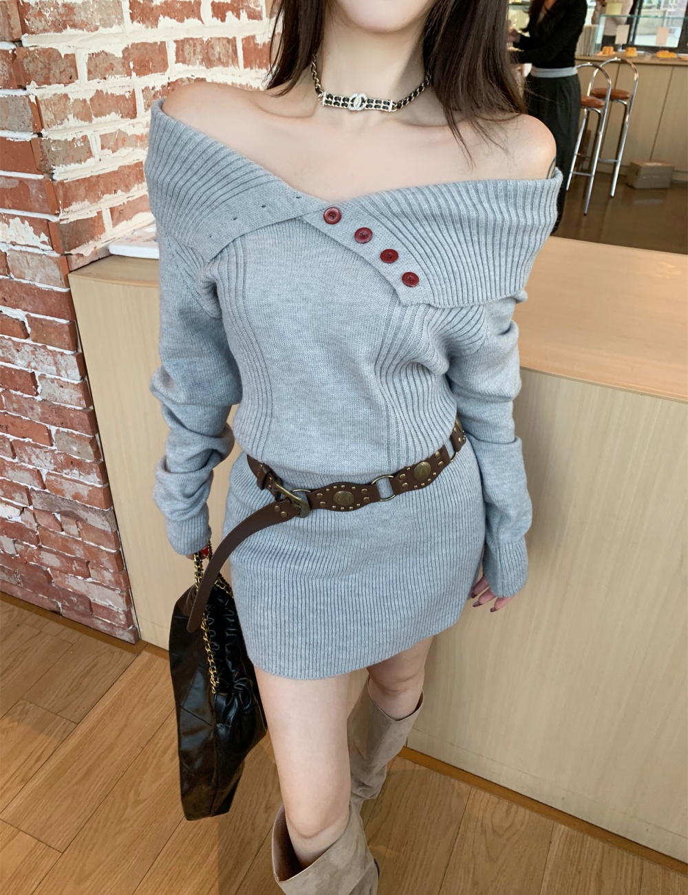 Large lapel lazy sweater package hip dress