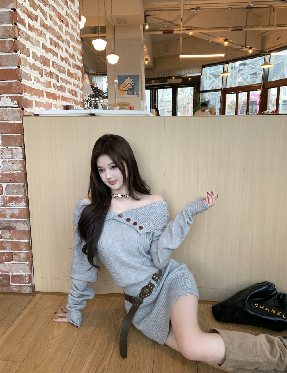 Large lapel lazy sweater package hip dress