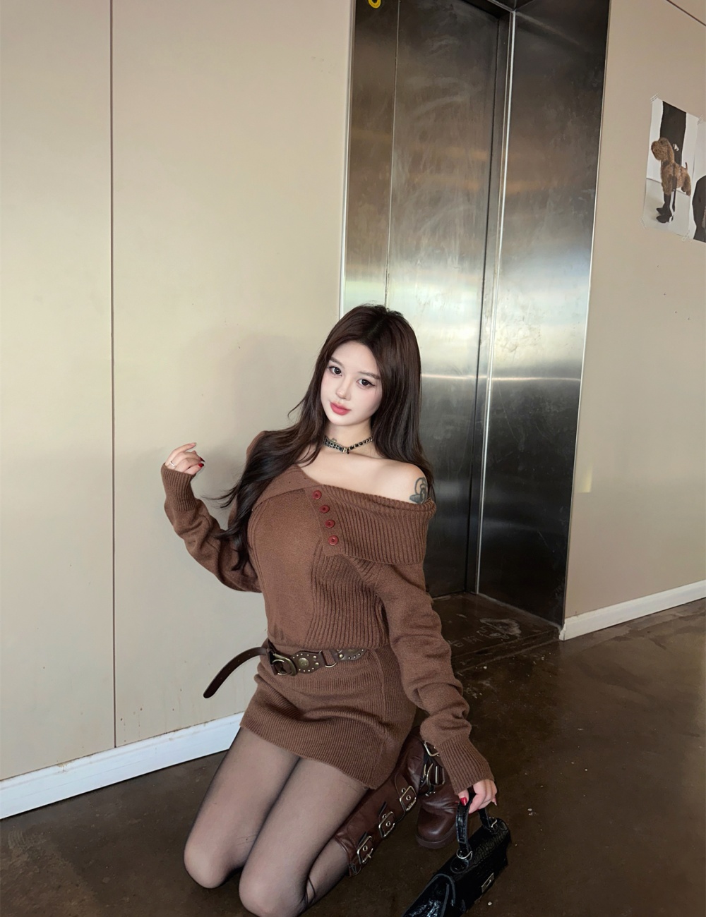 Large lapel lazy sweater package hip dress