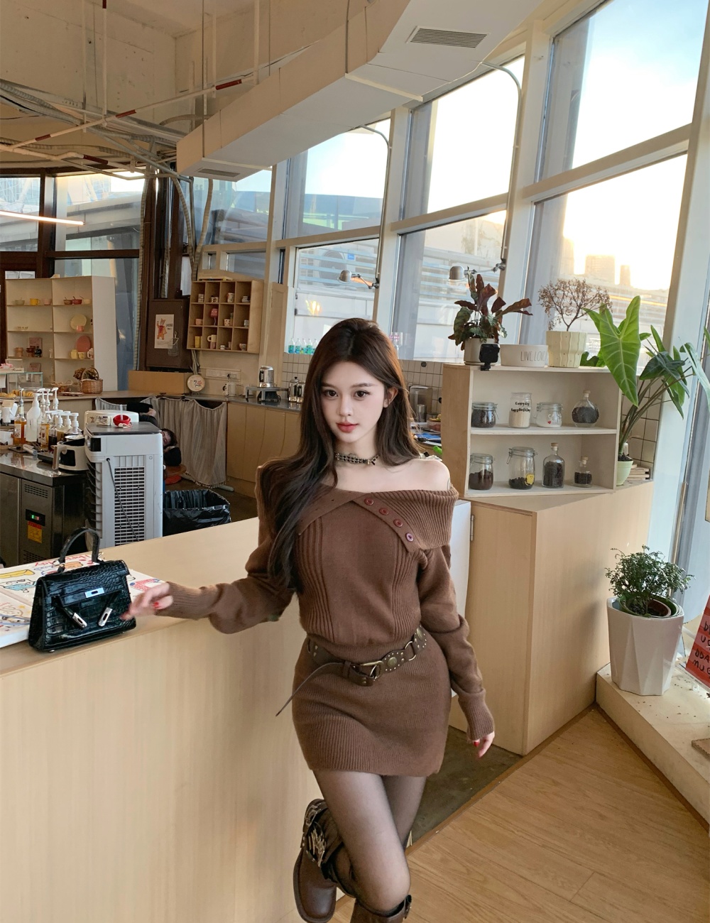 Large lapel lazy sweater package hip dress