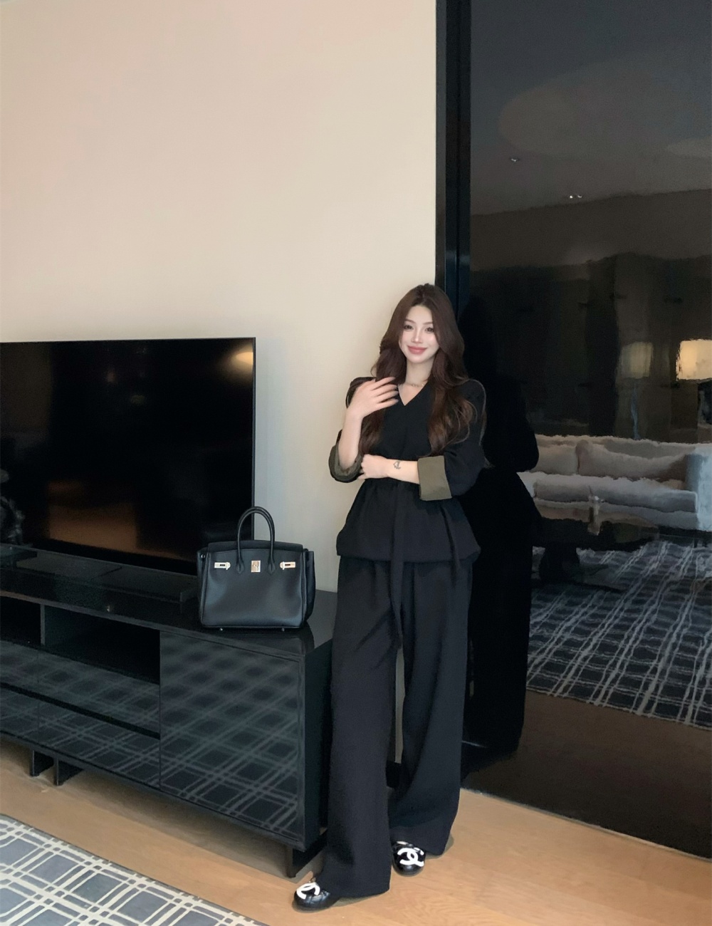 Streamer cuff tops plus velvet loose wide leg pants 3pcs set