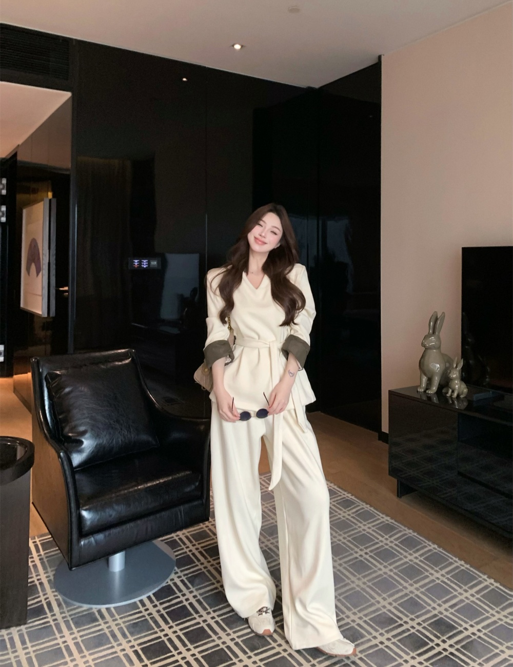 Streamer cuff tops plus velvet loose wide leg pants 3pcs set