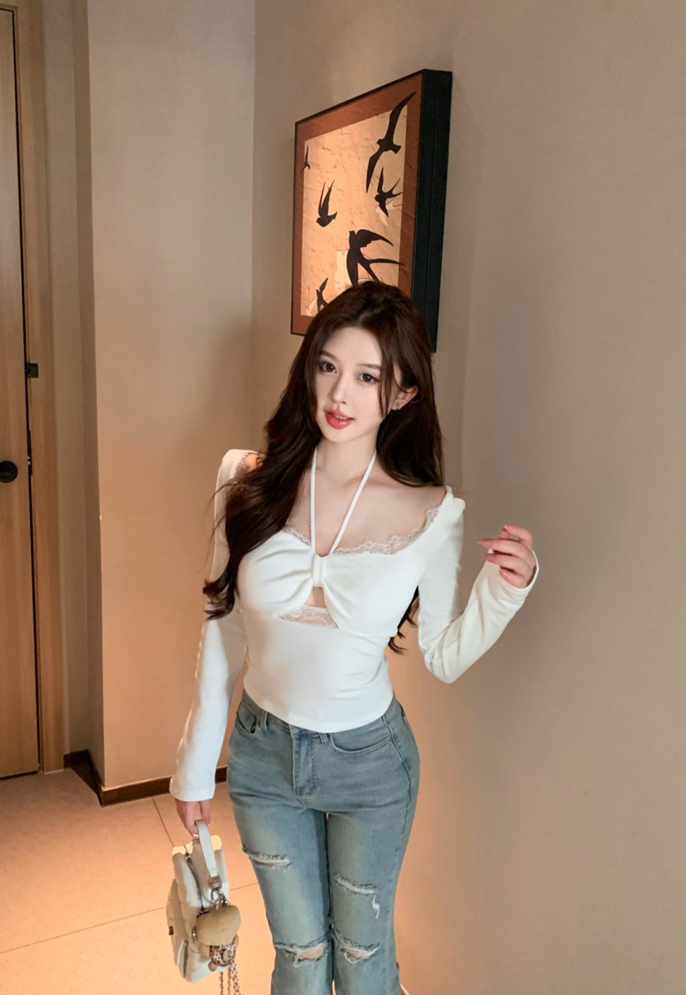 Halter with chest pad plus velvet tops splice lace T-shirt