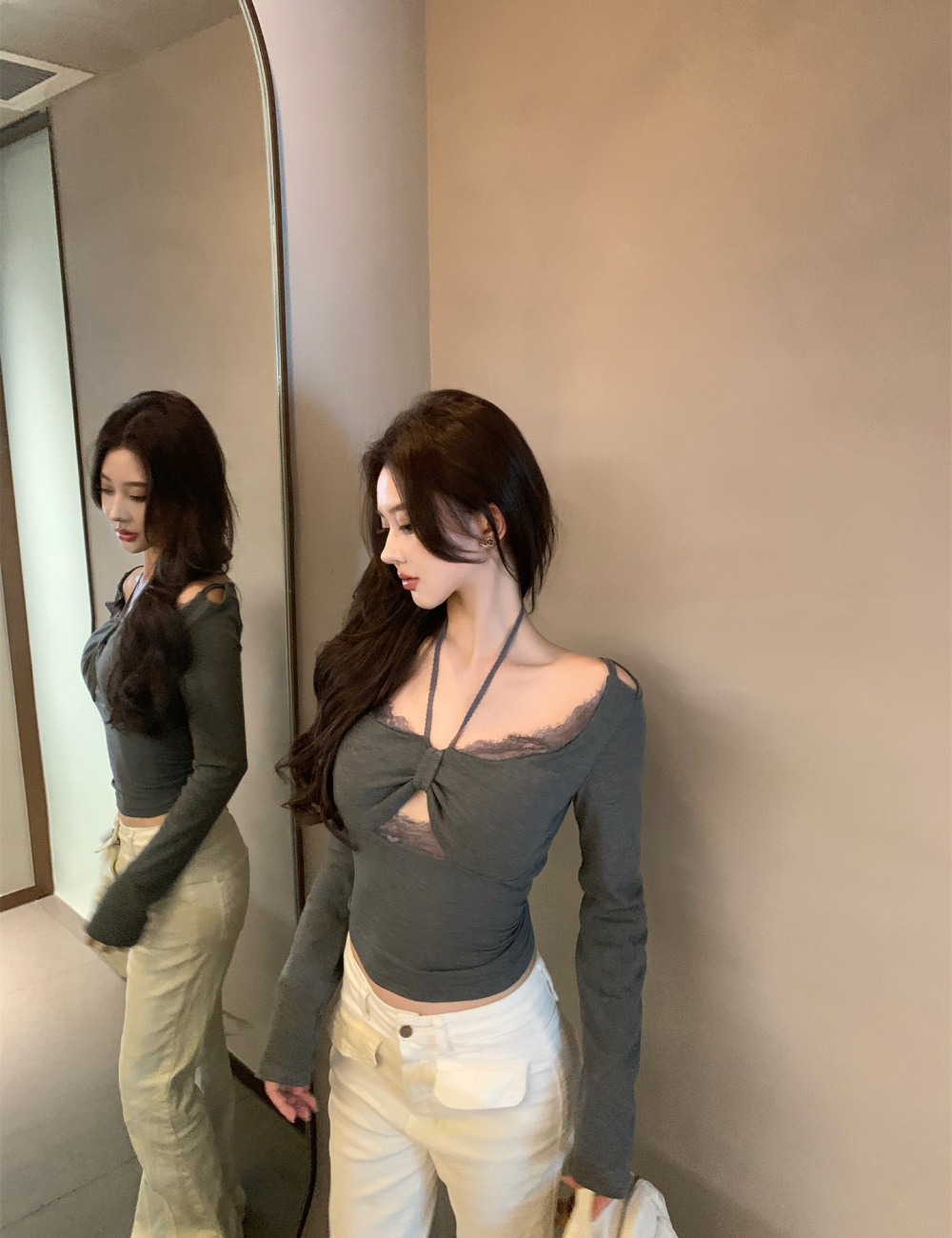 Halter with chest pad plus velvet tops splice lace T-shirt