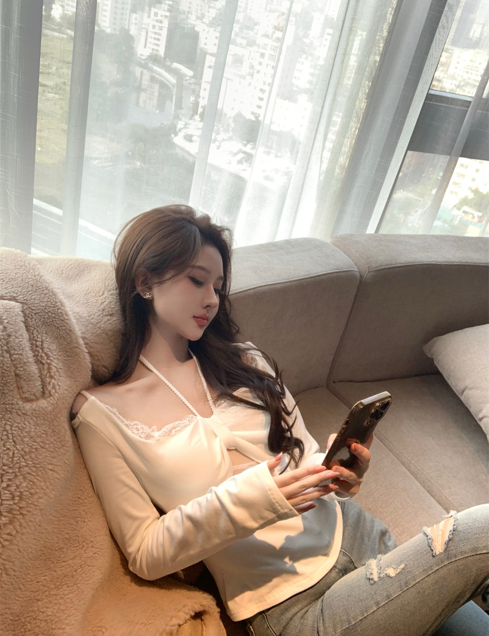 Halter with chest pad plus velvet tops splice lace T-shirt