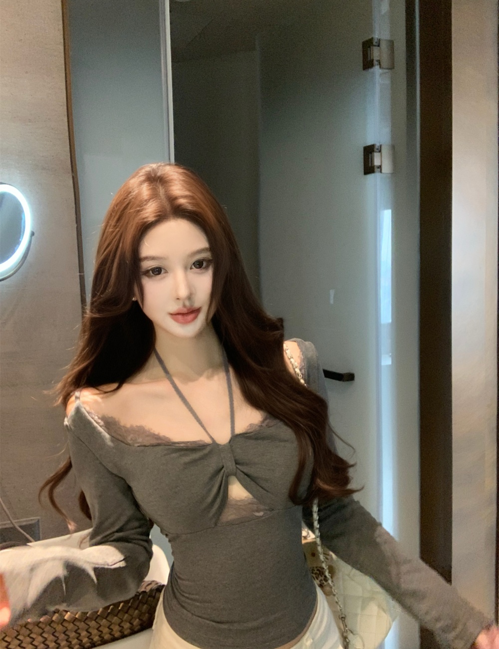 Halter with chest pad plus velvet tops splice lace T-shirt