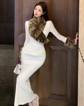 Retro fur collar dress leopard package hip long dress