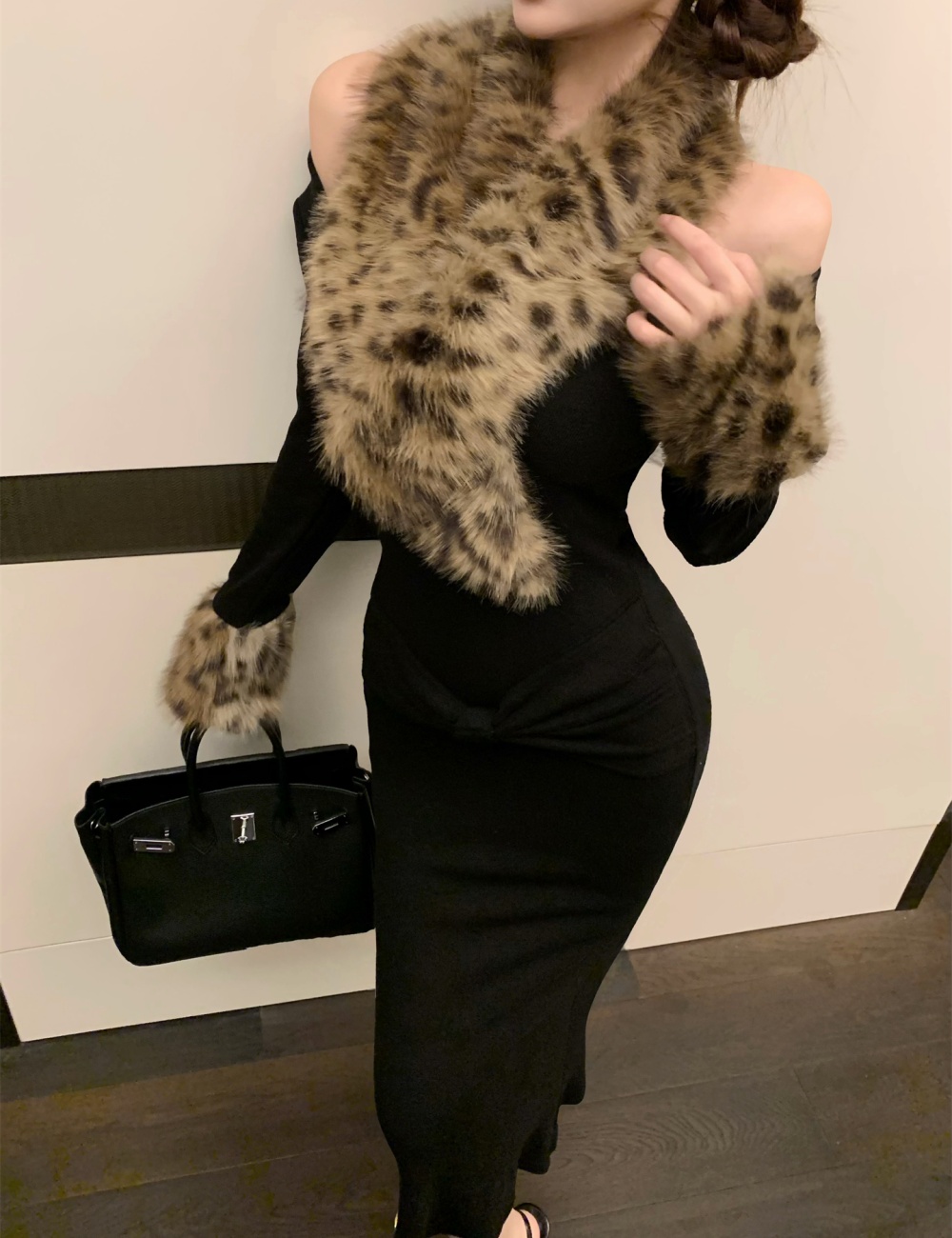 Retro fur collar dress leopard package hip long dress