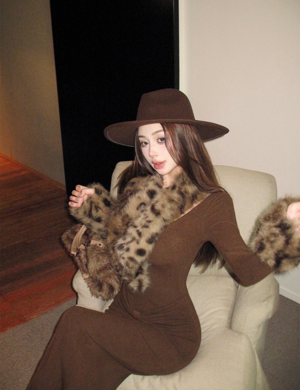 Retro fur collar dress leopard package hip long dress