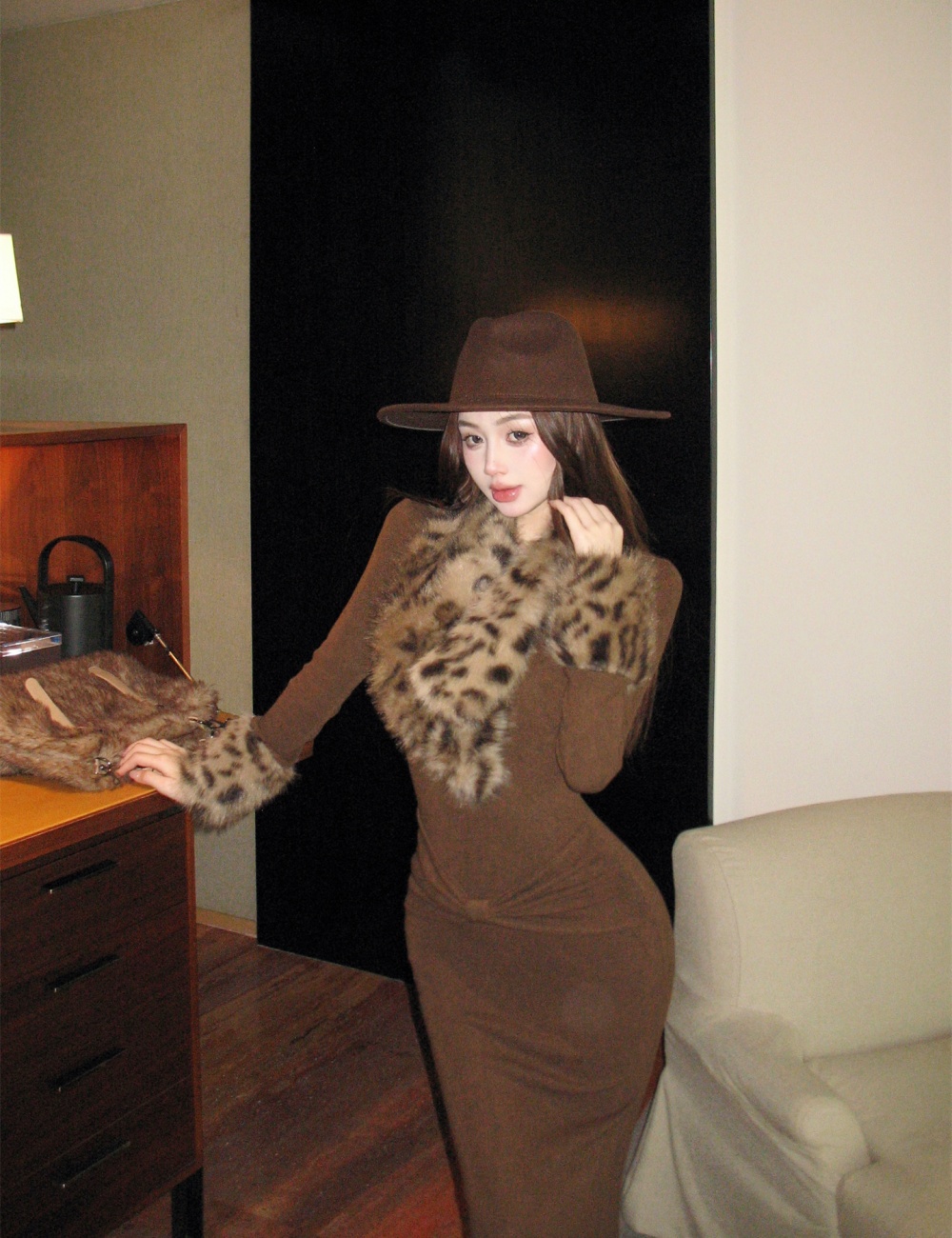 Retro fur collar dress leopard package hip long dress