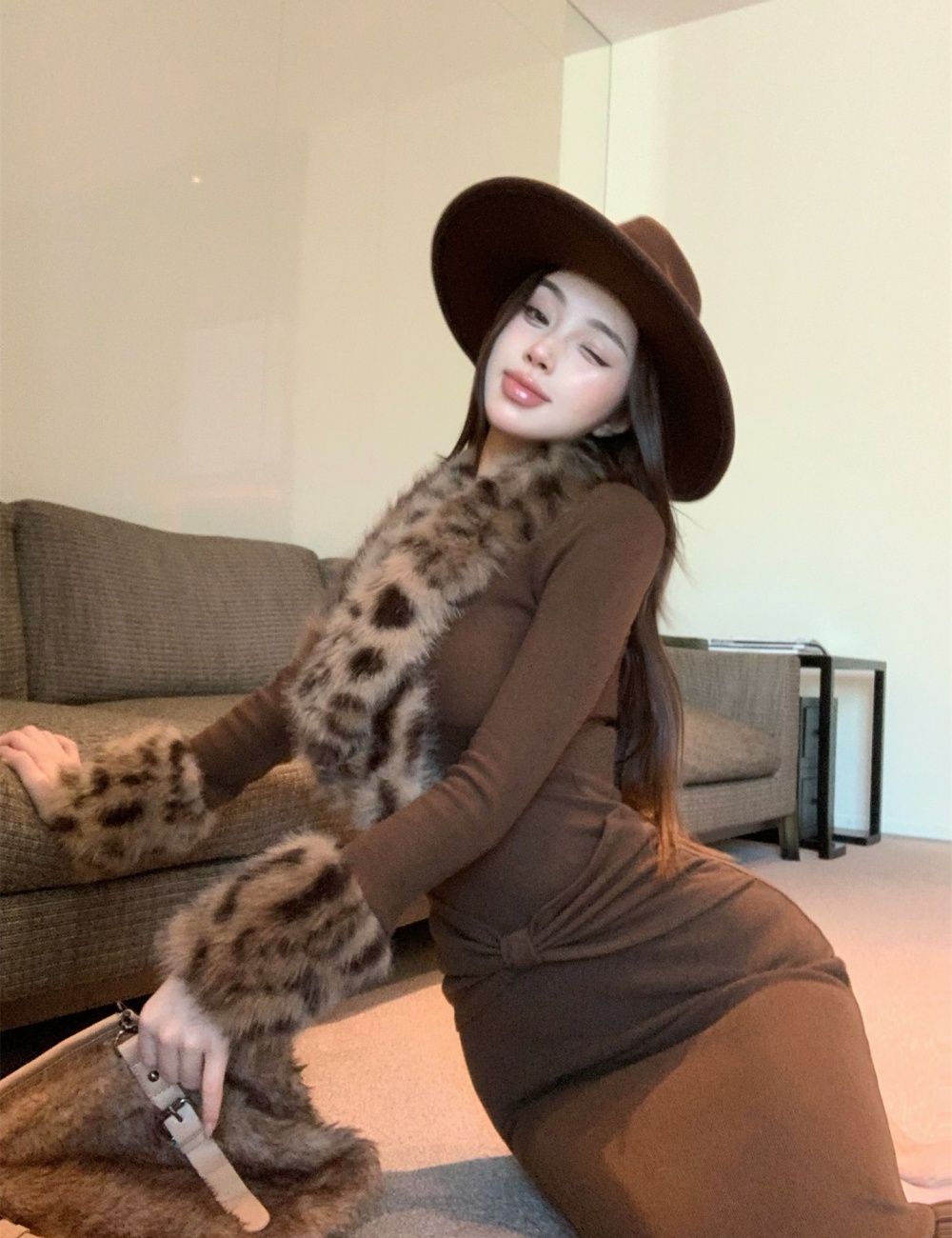 Retro fur collar dress leopard package hip long dress