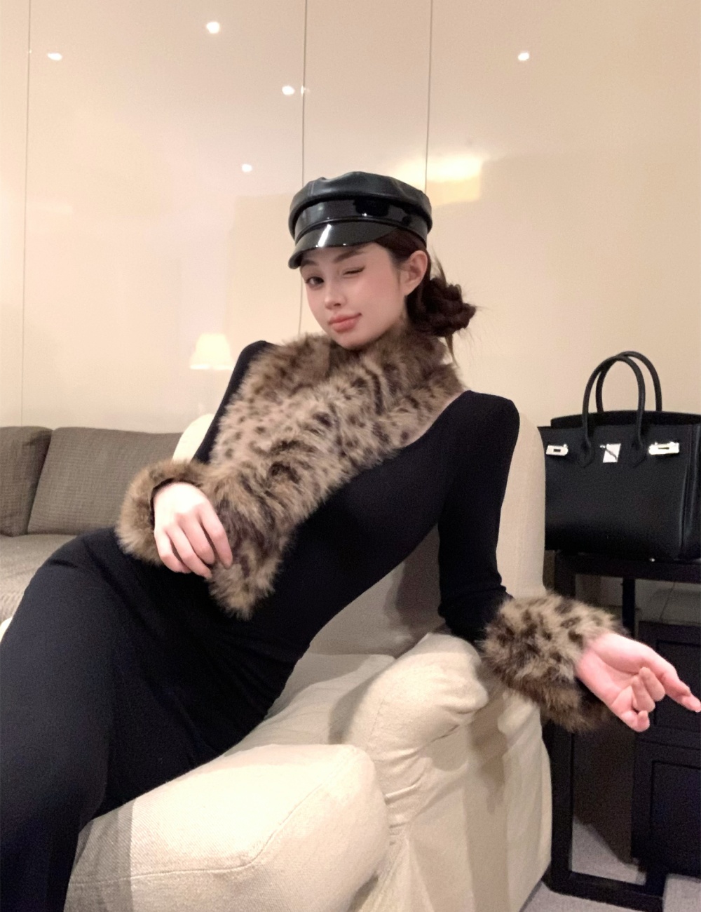 Retro fur collar dress leopard package hip long dress