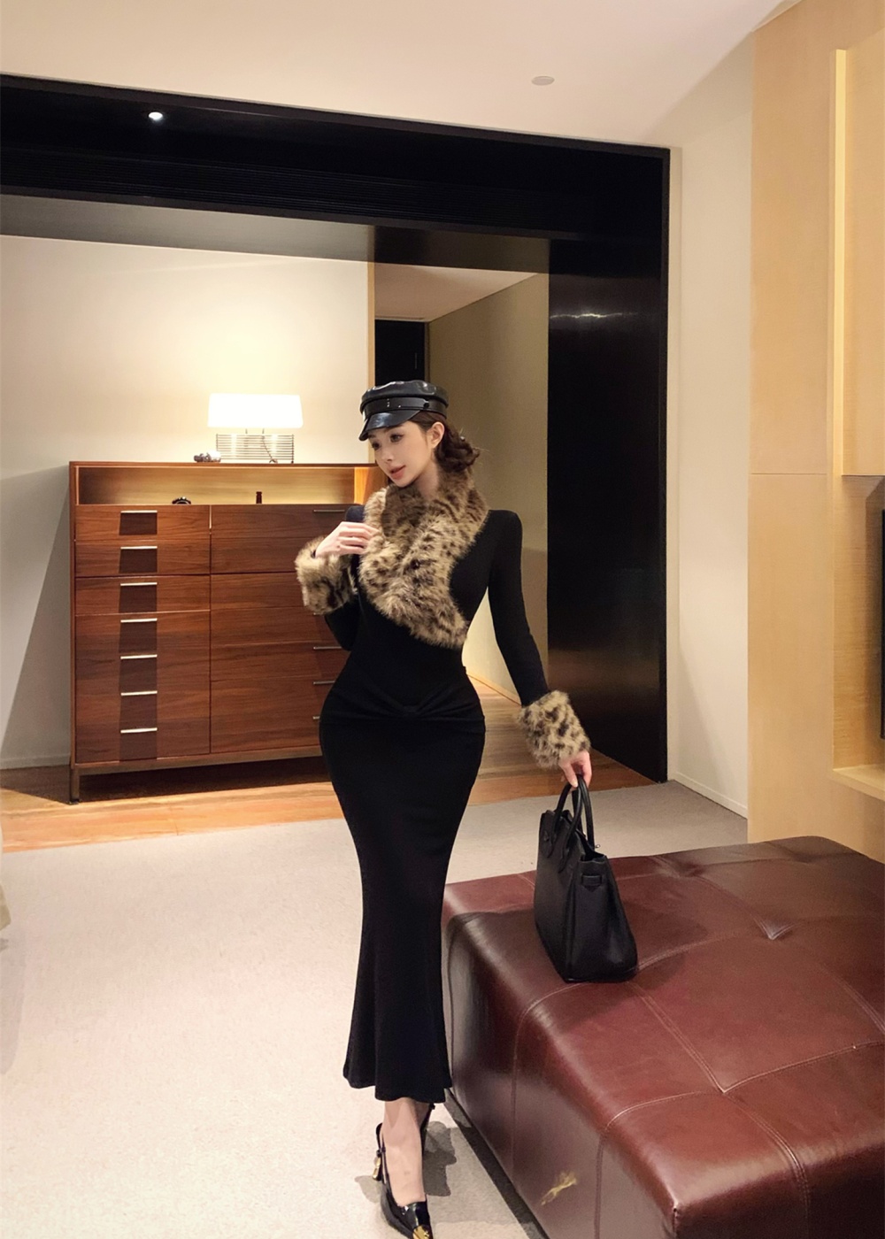 Retro fur collar dress leopard package hip long dress