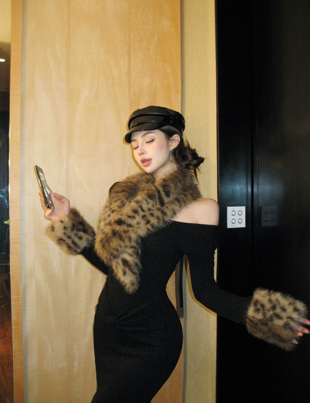 Retro fur collar dress leopard package hip long dress
