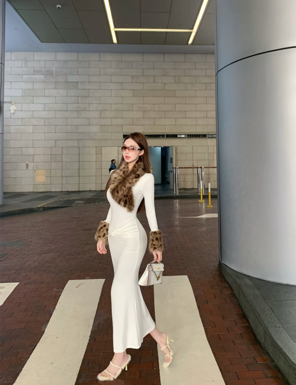 Retro fur collar dress leopard package hip long dress