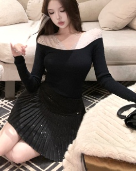 Woolen strapless sweater rhinestone pleated skirt 2pcs set