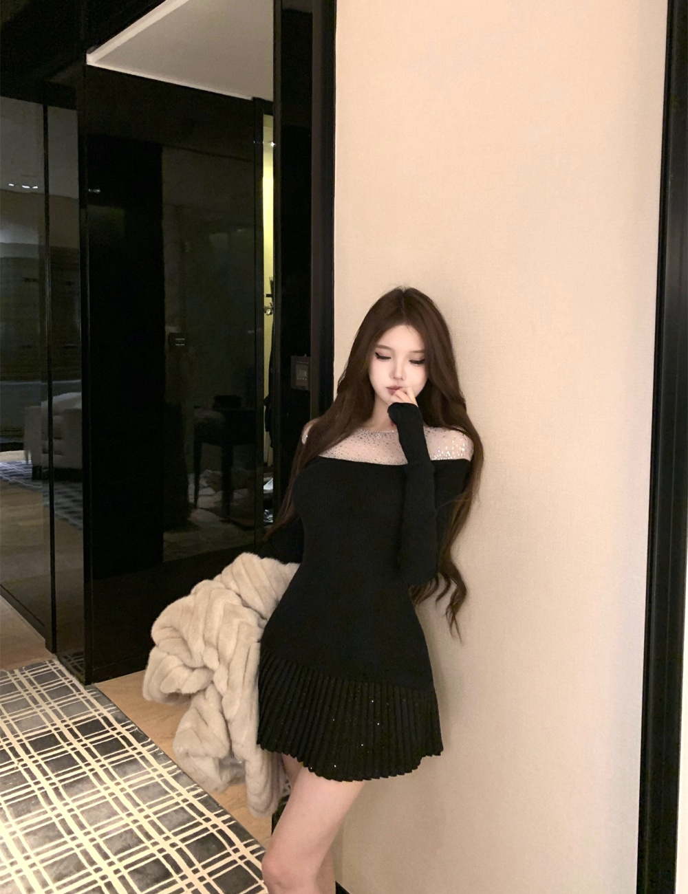 Woolen strapless sweater rhinestone pleated skirt 2pcs set