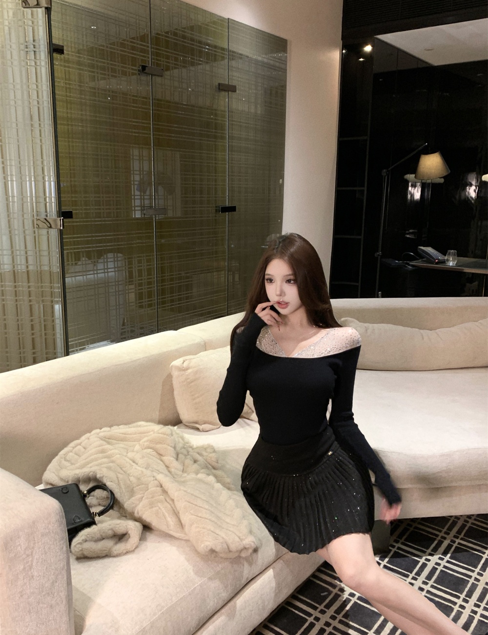 Woolen strapless sweater rhinestone pleated skirt 2pcs set