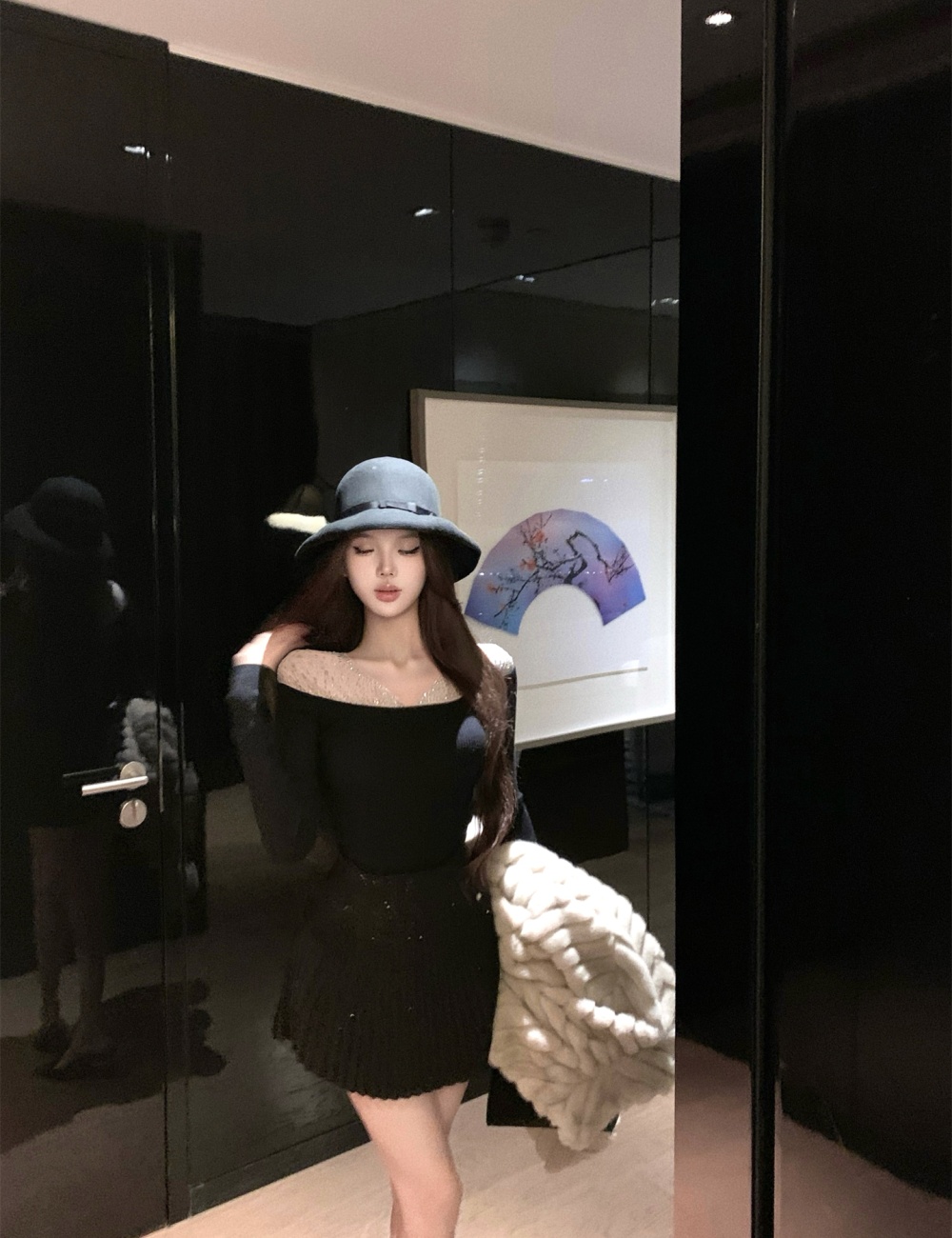 Woolen strapless sweater rhinestone pleated skirt 2pcs set