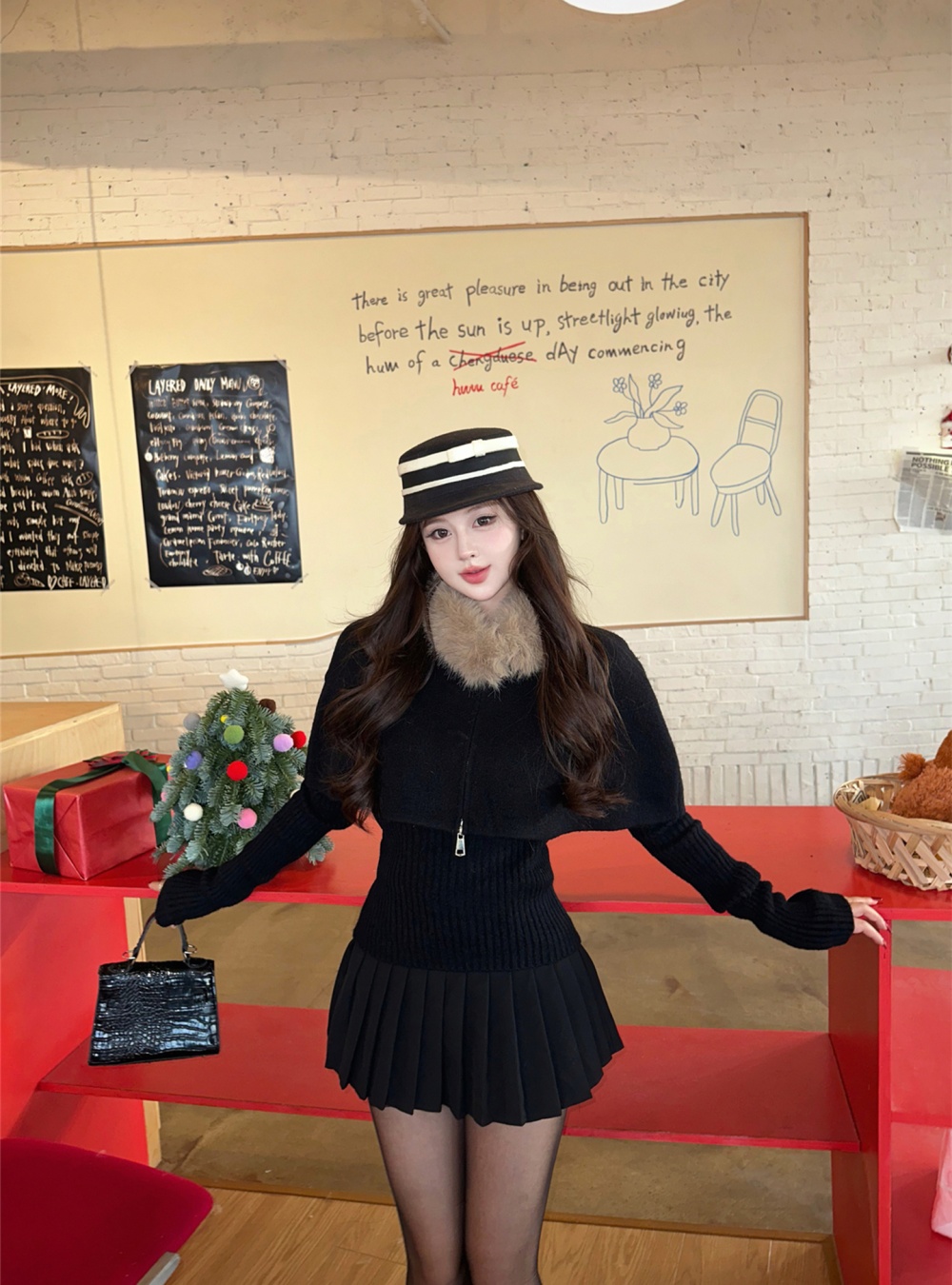 Knitted fox fur collar removable cloak 2pcs set for women