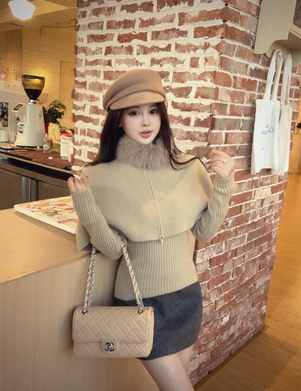 Knitted fox fur collar removable cloak 2pcs set for women