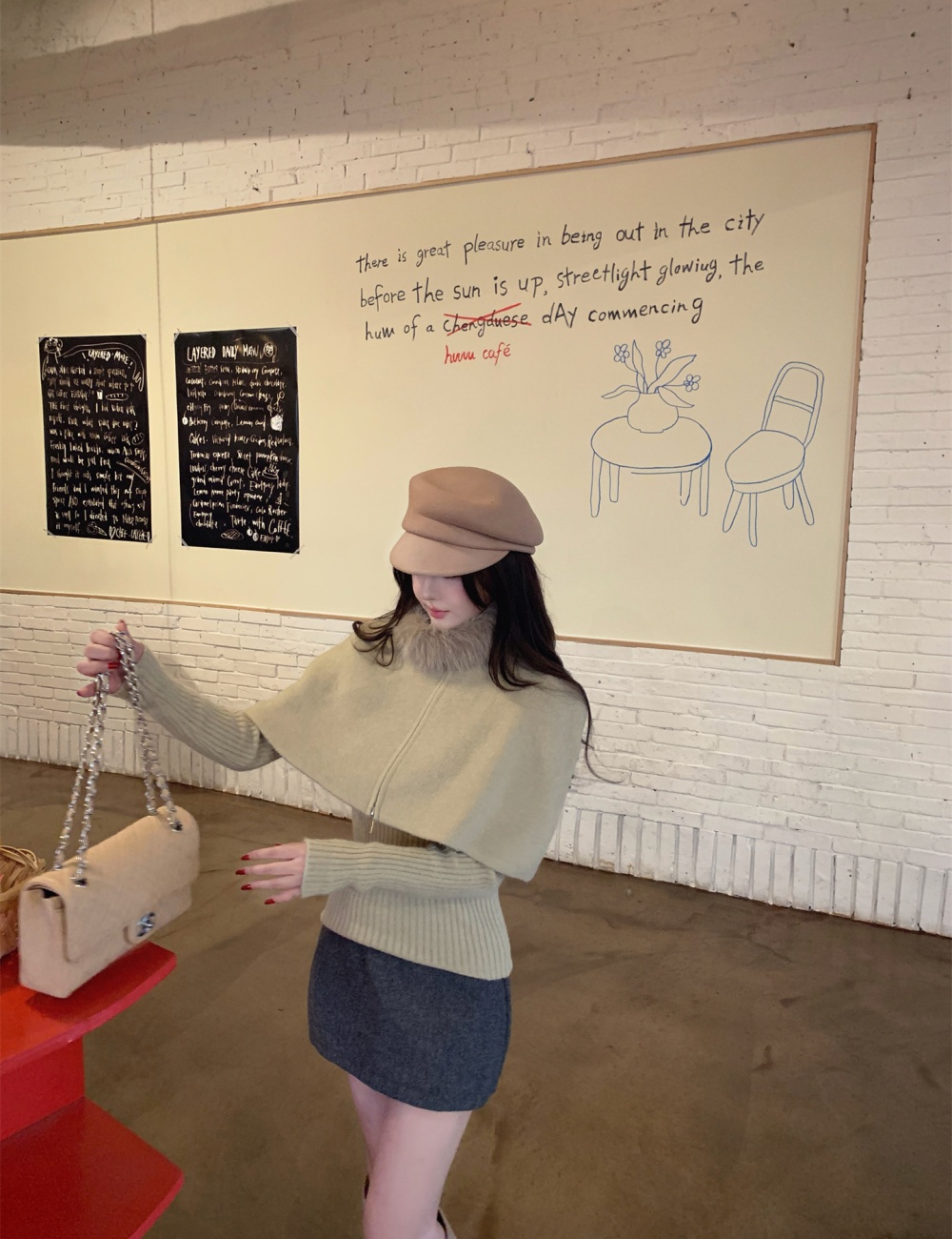 Knitted fox fur collar removable cloak 2pcs set for women