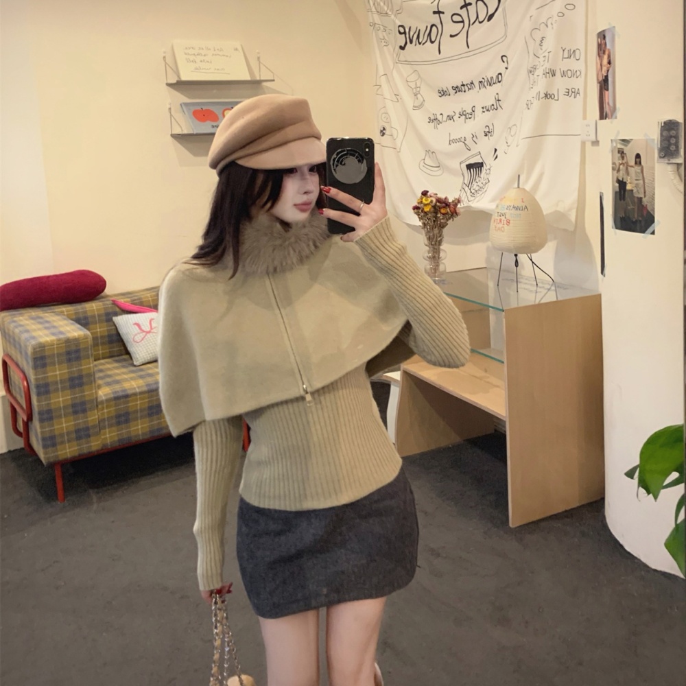 Knitted fox fur collar removable cloak 2pcs set for women